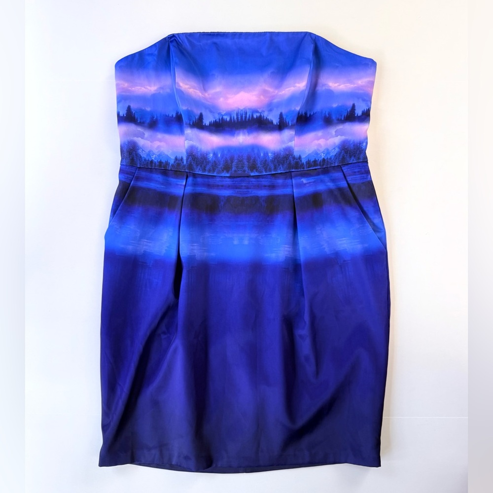 Butterfly by Matthew Williamson Satin Blue Purple Print Strapless Dress 12 US